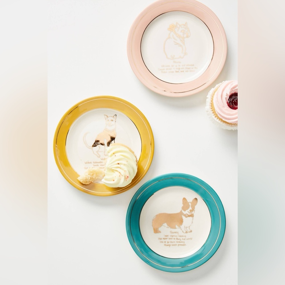 NWT Anthropologie Dining | Dog Biography Quincy Corgi Canapé Plates | Set of 4 - Picture 2 of 5